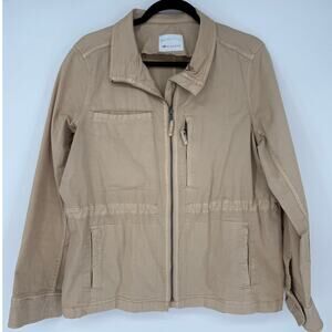 Romi Basha Military Utility Jacket Khaki Tan Zip Up Graphic Love Size US 10 L